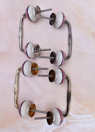 White Design on Pink Ceramic Knob Door Pull