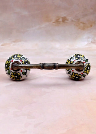 Yellow Flowers On Off White Base Ceramic Knob Door Pull