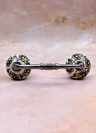 Yellow Flowers On Off White Base Ceramic Knob Door Pull