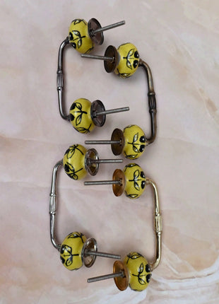 Black Flowers Design on Yellow Base Ceramic Knob Door Pull