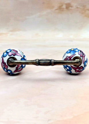 Turquoise Flowers on White Base Ceramic Knob Door Pull