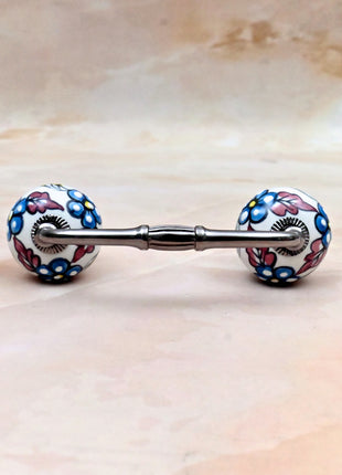 Turquoise Flowers on White Base Ceramic Knob Door Pull