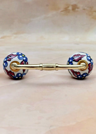 Turquoise Flowers on White Base Ceramic Knob Door Pull