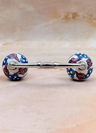 Turquoise Flowers on White Base Ceramic Knob Door Pull