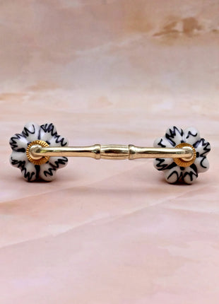 Black Design on Off White Ceramic Melon Knob Door Pull