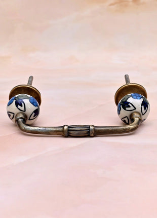 Blue Leaf on White Ceramic Knob Door Pull