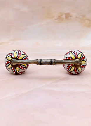 Red & Yellow Floral Pattern on Off White Ceramic Knob Door Pull
