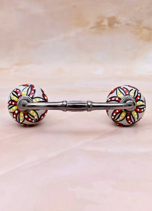 Red & Yellow Floral Pattern on Off White Ceramic Knob Door Pull