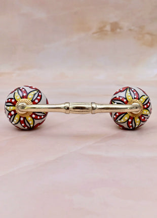 Red & Yellow Floral Pattern on Off White Ceramic Knob Door Pull