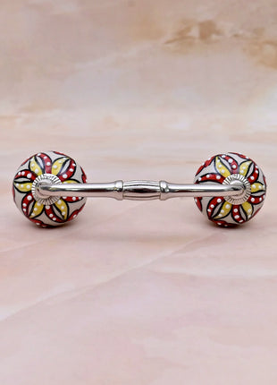 Red & Yellow Floral Pattern on Off White Ceramic Knob Door Pull