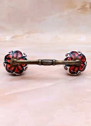 Red & Black Floral on White Ceramic Knob Door Pull