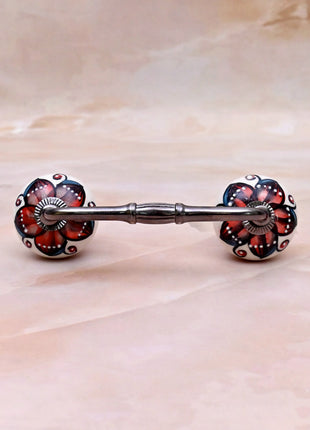 Red & Black Floral on White Ceramic Knob Door Pull
