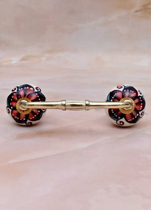Red & Black Floral on White Ceramic Knob Door Pull