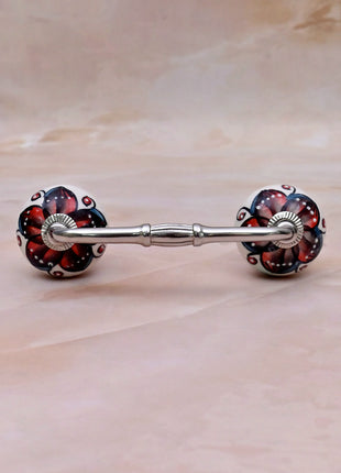 Red & Black Floral on White Ceramic Knob Door Pull