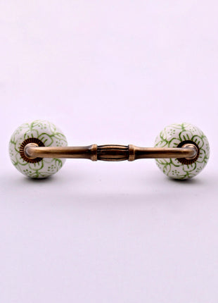 Green Floral on White Ceramic Knob Door Pull