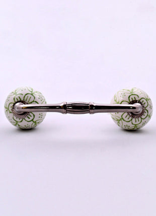 Green Floral on White Ceramic Knob Door Pull