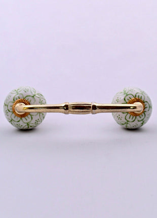 Green Floral on White Ceramic Knob Door Pull