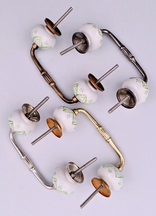 Green Floral on White Ceramic Knob Door Pull