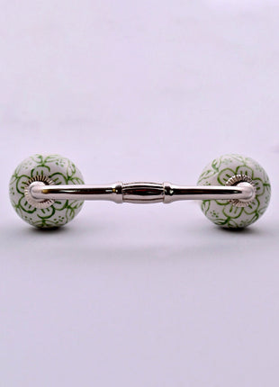 Green Floral on White Ceramic Knob Door Pull