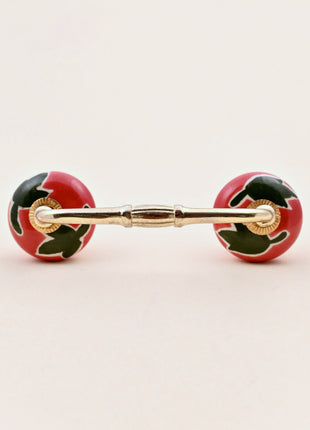 Green Leaf on Red Ceramic Knob Door Pull