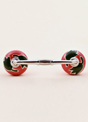 Green Leaf on Red Ceramic Knob Door Pull