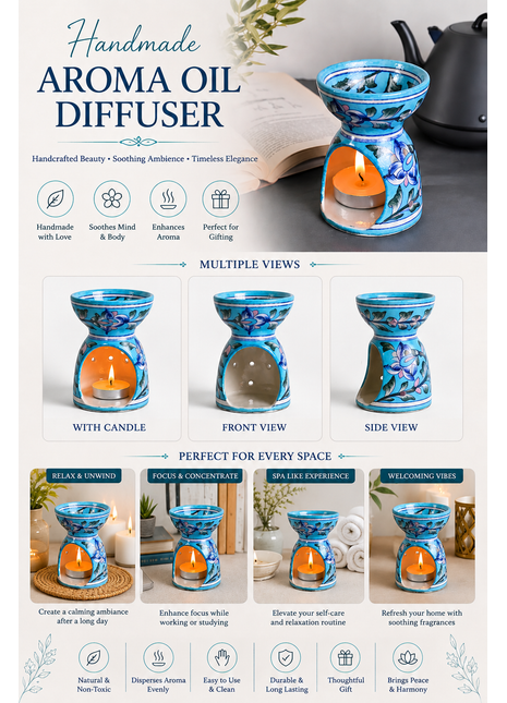 Blue Pottery Handmade Aroma Oil Diffuser- Turquoise Color