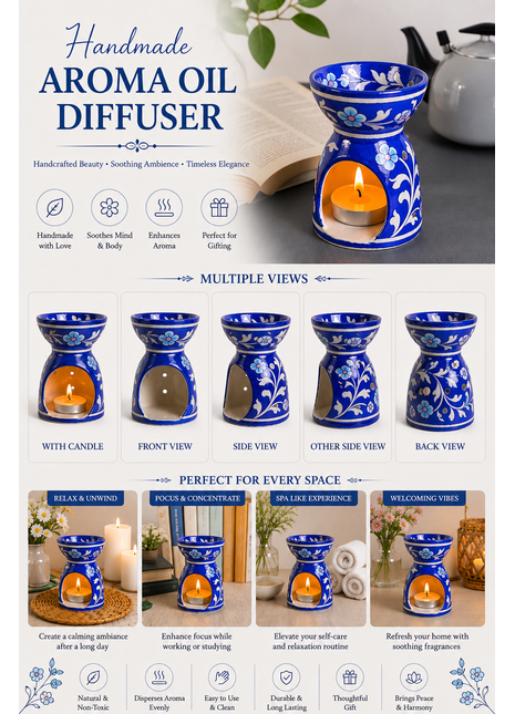 Blue Pottery Handmade Aroma Oil Diffuser Blue Color