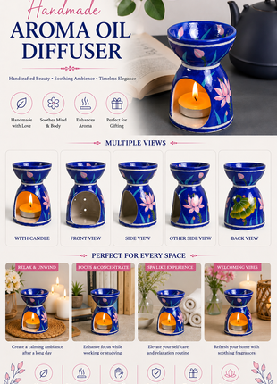 Blue Pottery Handmade Aroma Oil Burner in Blue Base with Pink lotus Flower