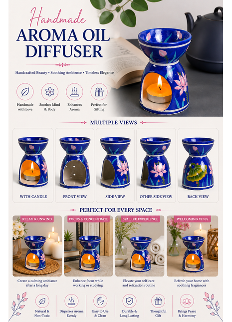 Blue Pottery Handmade Aroma Oil Burner in Blue Base with Pink lotus Flower
