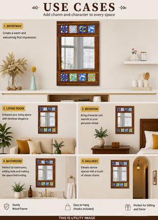 Decorative Mirror with Boho Side Stripes Adorned with Assorted Blue Pottery Tiles