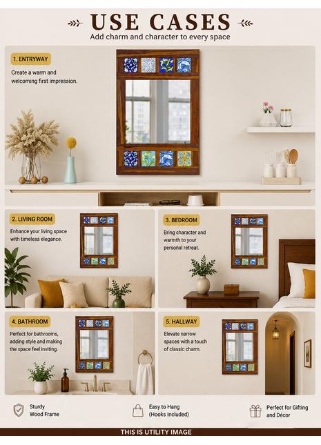Decorative Mirror with Boho Side Stripes Adorned with Assorted Blue Pottery Tiles