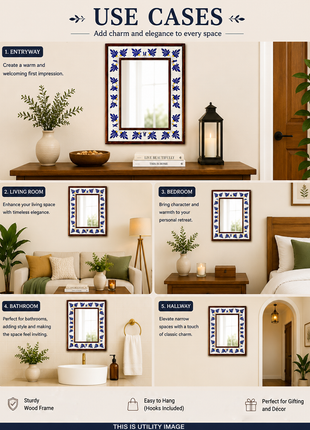 Designer White And Blue Embossed Tile Mirror In Brown Wooden Frame