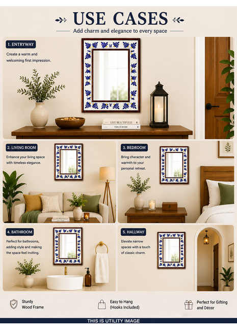 Designer White And Blue Embossed Tile Mirror In Brown Wooden Frame