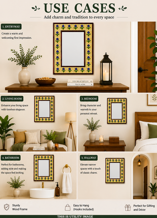 Yellow Embossed Tile Mirror With Blue Flowers And Green Leaves