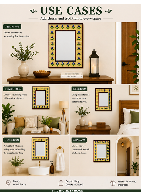 Yellow Embossed Tile Mirror With Blue Flowers And Green Leaves