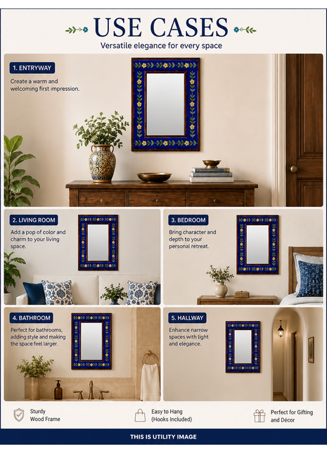Blue Embossed Tile Mirror With Yellow Flowers And Leaves