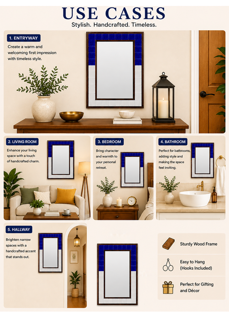 Antique Solid Blue And White Ceramic Tile Mirror