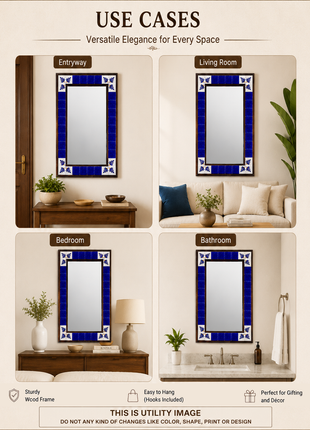 Well Designed Blue Ceramic Tile With White Design On Wooden Frame