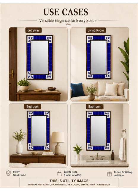 Well Designed Blue Ceramic Tile With White Design On Wooden Frame