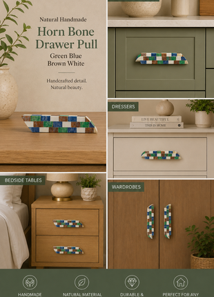 Natural Handmade Horn Bone Drawer Pull-Green, Blue ,Brown and White