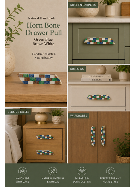 Natural Handmade Horn Bone Drawer Pull-Green, Blue ,Brown and White