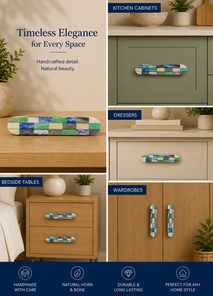 Natural Handmade Horn Bone Drawer Pull-Green, Blue and White