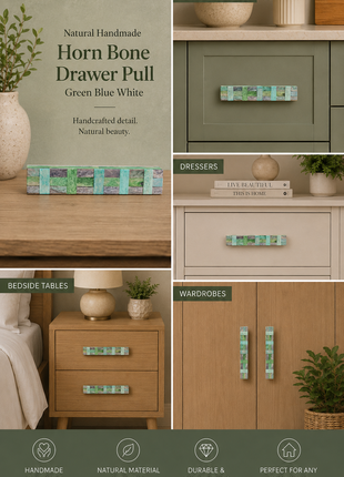 Natural Handmade Horn Bone Drawer Pull-Green, Blue and White