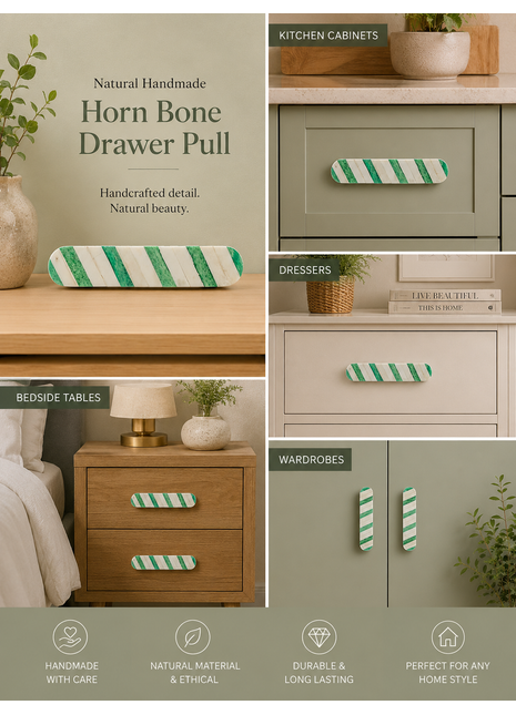 Natural Handmade Horn Bone Drawer Pull-Green White