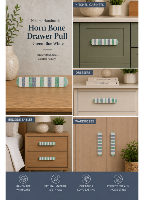 Natural Handmade Horn Bone Drawer Pull-Green, White, Blue