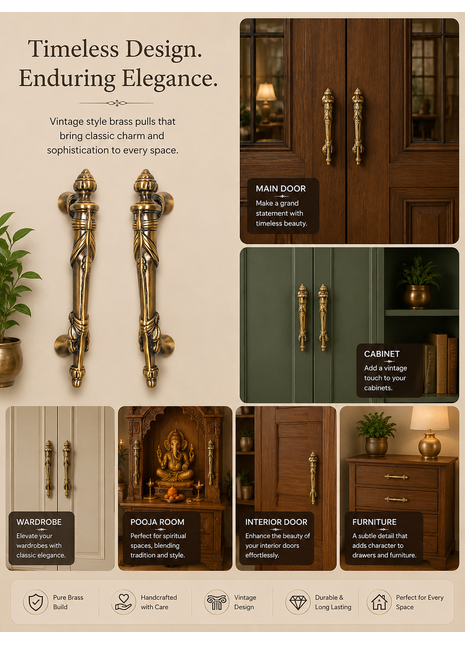Brass Door Handle Vintage Style Cabinet Pulls - Pure Brass Furniture Hardware for Home Decor & Renovation