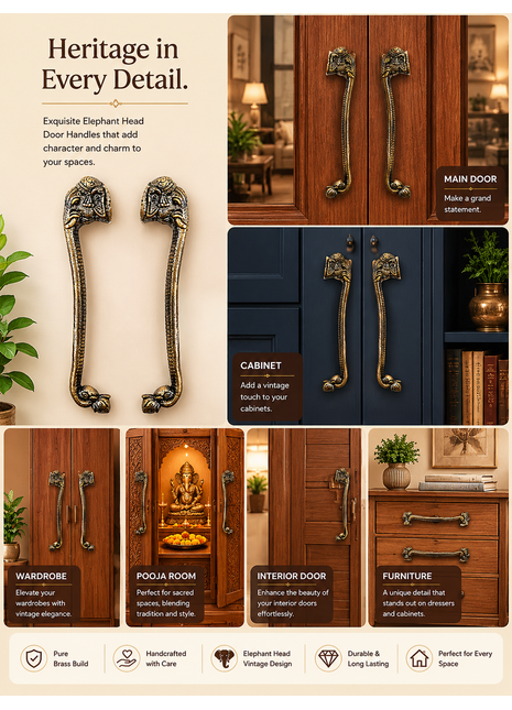 Brass Door Handle Set 2-Pcs Elephant Head Design Vintage Hardware for Cabinets & Doors Decorative Pulls