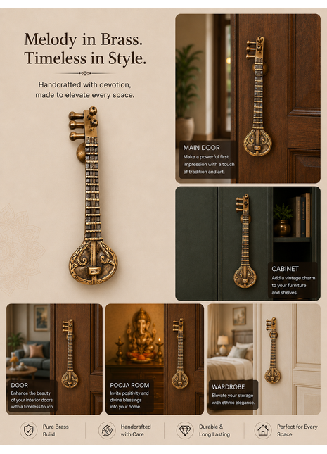 Pure Brass Sitar Door Handle Vintage Furniture Hardware for Home Decor & Renovation