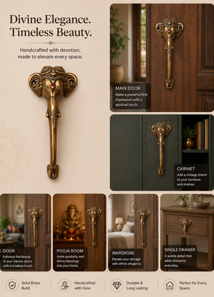 Brass Lord Ganesha Door Handle - Pure Brass Furniture Hardware for Home Decor Renovation