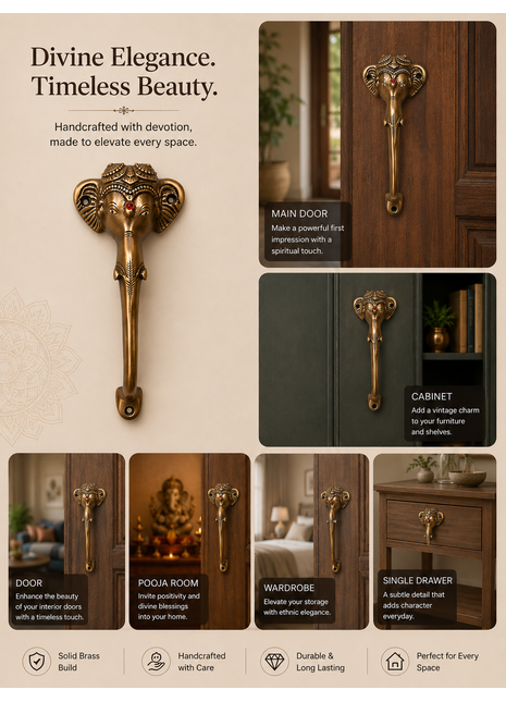 Brass Lord Ganesha Door Handle - Pure Brass Furniture Hardware for Home Decor Renovation